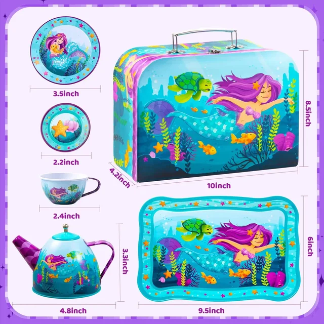 Joyfy Kid Tea Set Mermaid Tea Party Set Princess Pretend Play Tin Teapot Set Kitchen Toy for Girls Toddlers 2 3 4 5 6 Years Old
