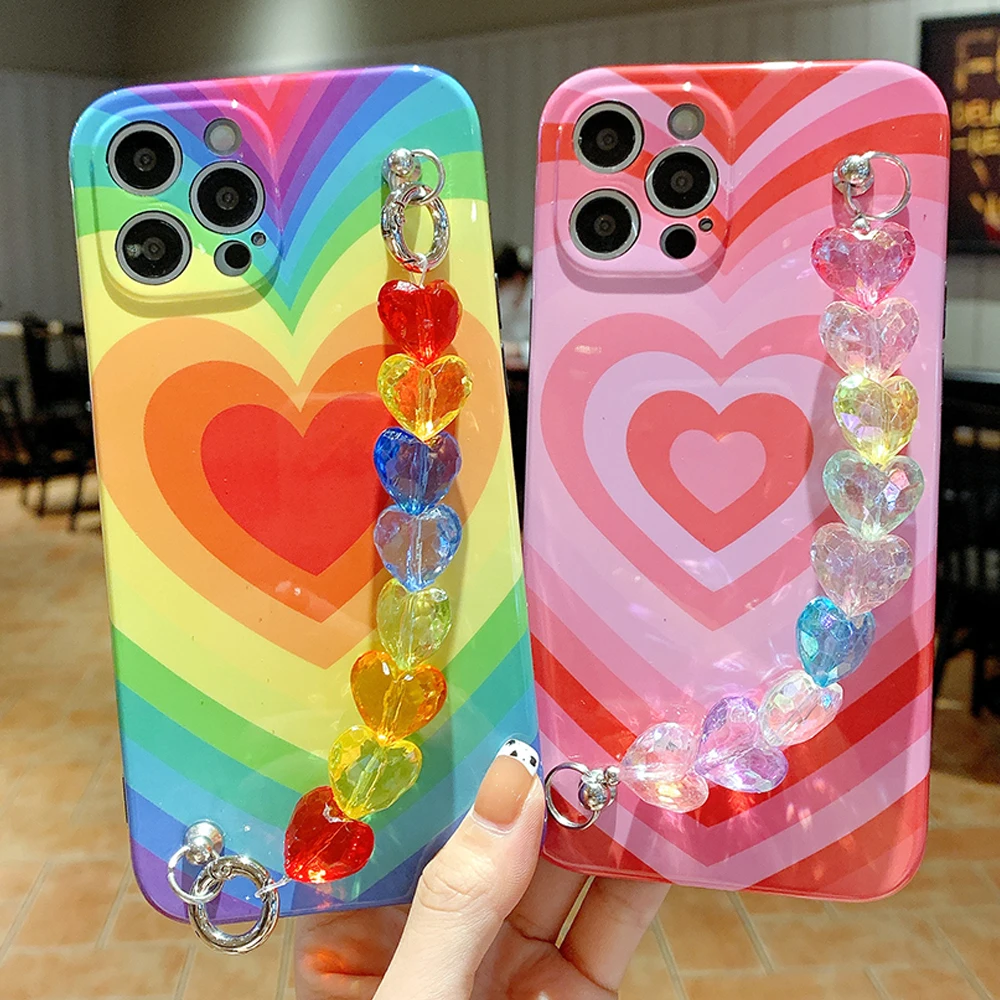 

Luxury Soft Rainbow Love Heart Bracelet Phone Case For iPhone 11 12 13 14 Pro Max Bumper Back Wrist Chain Silicone Cover