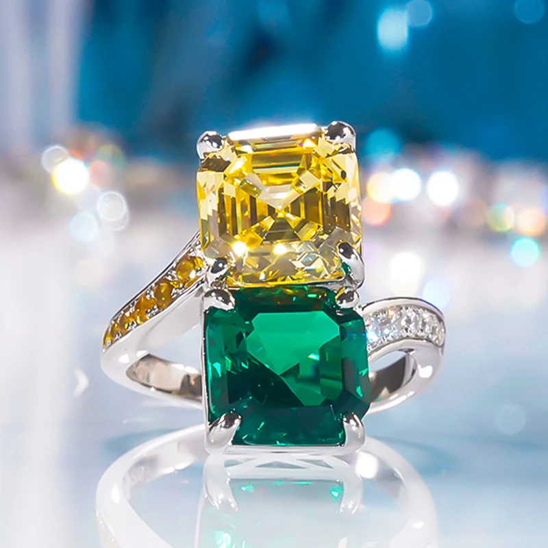 

Luxury Emerald Platinum Plated Ring for Women Fashion Yellow Green Diamond 925 Sterling Silver Fine Jewelry Anniversary Gift New