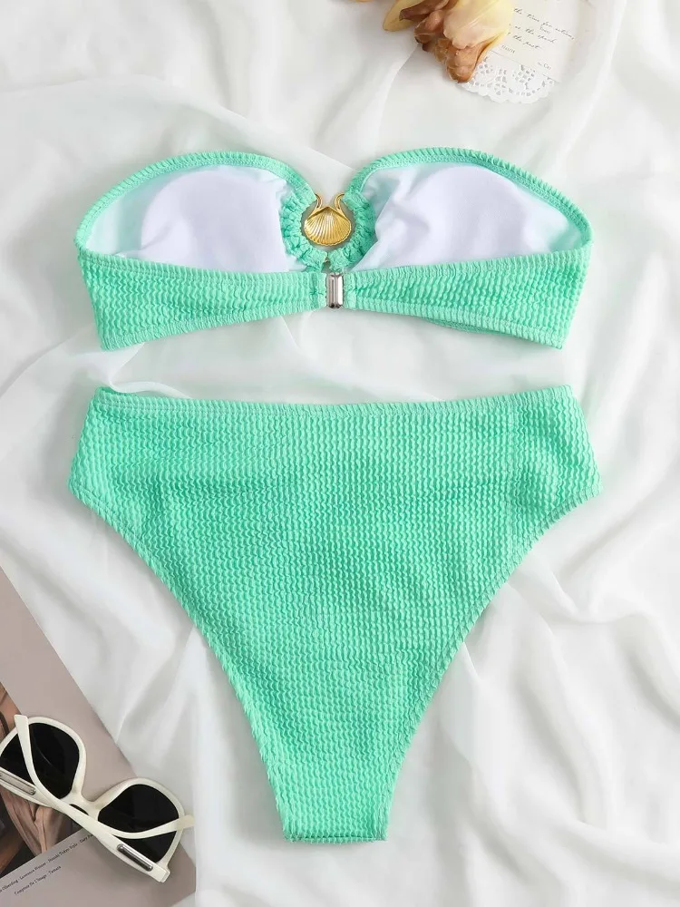 Sexy Shell Bikini Bandeau Women Swimsuit 2023 Female Swimwear High Waist Bikinis Set Ribbbed Bathing Suit Swimming Suit Biquini
