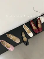 Brand Flat Bottom Mary Jane Women's Shoes French Retro One Line Buckle Red Women's Patent Leather Ballet Shoes Trend Size 33-44 2