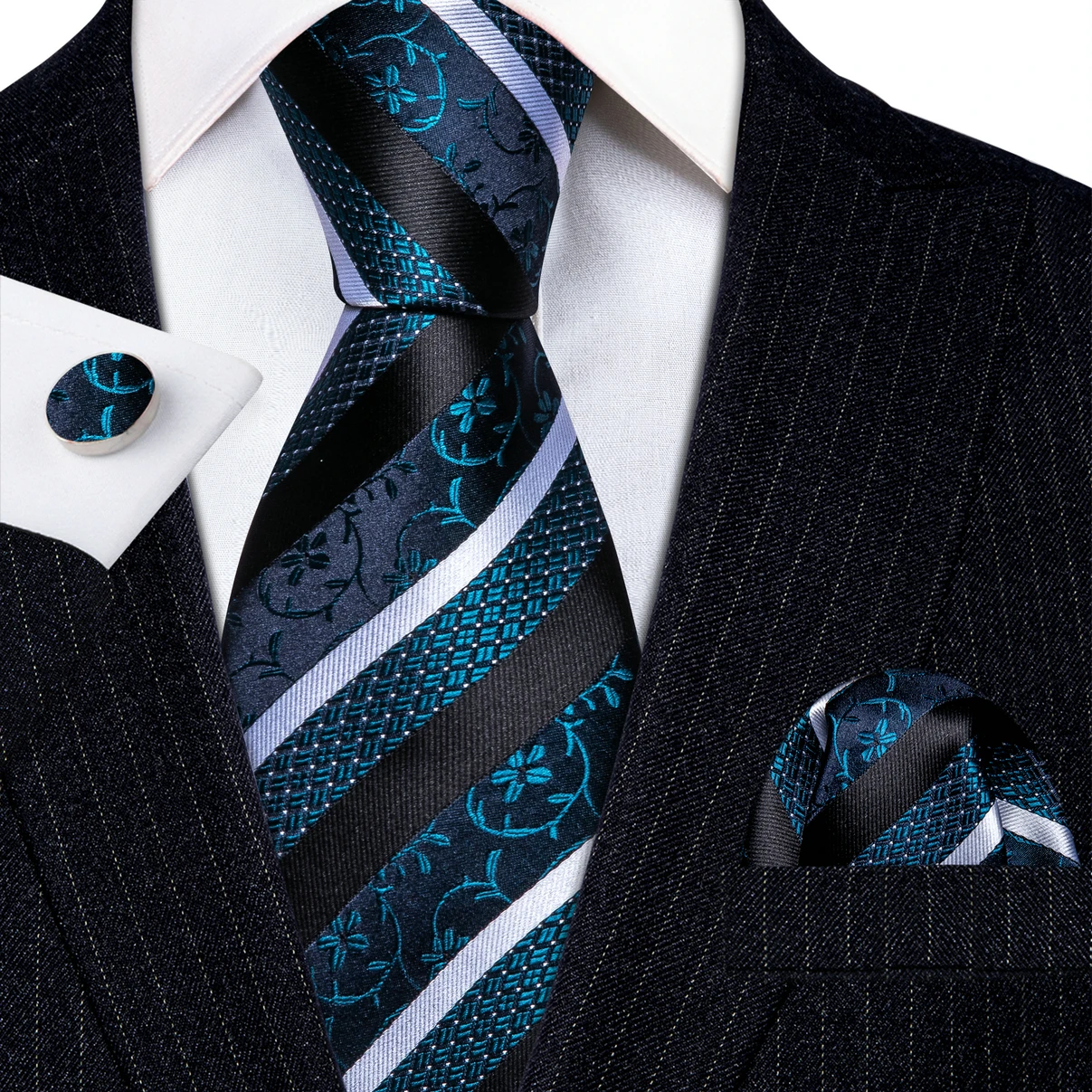 

Designer Men Ties Green Teal Black Striped Red Blue Purple Gold Necktie Pocket Square Cufflinks Set Wedding Gift Barry·Wang 6319