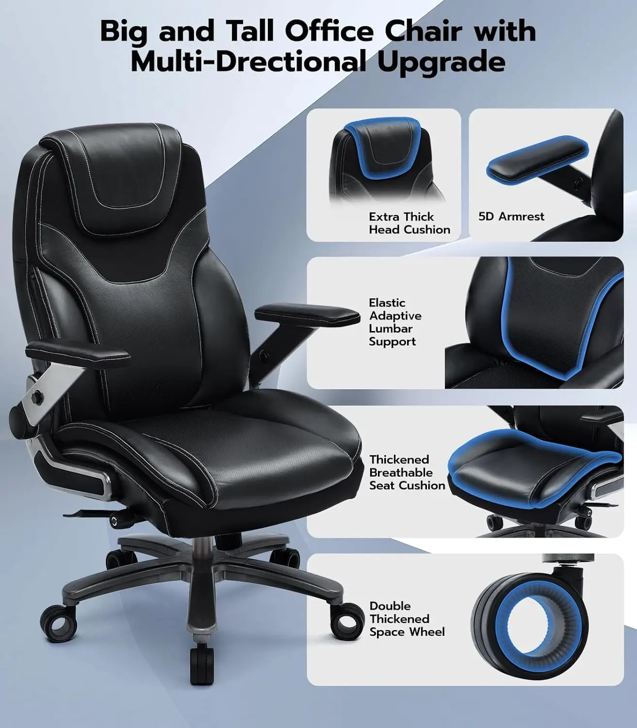 Big and Tall Office Chair with 5D Adjustable Arms, 600lbs Ergonomic Executive Chair with Adjustable Lumbar Support, Fabric and P 3