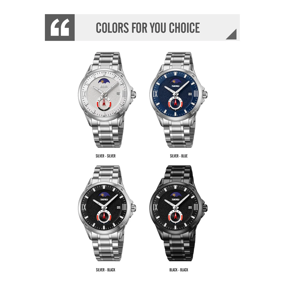 SKMEI Fashion Stainless Steel Quartz Man Watch Date Lunar Phase Casual Waterproof Men's Wristwatch Male Clock Relogio Masculino