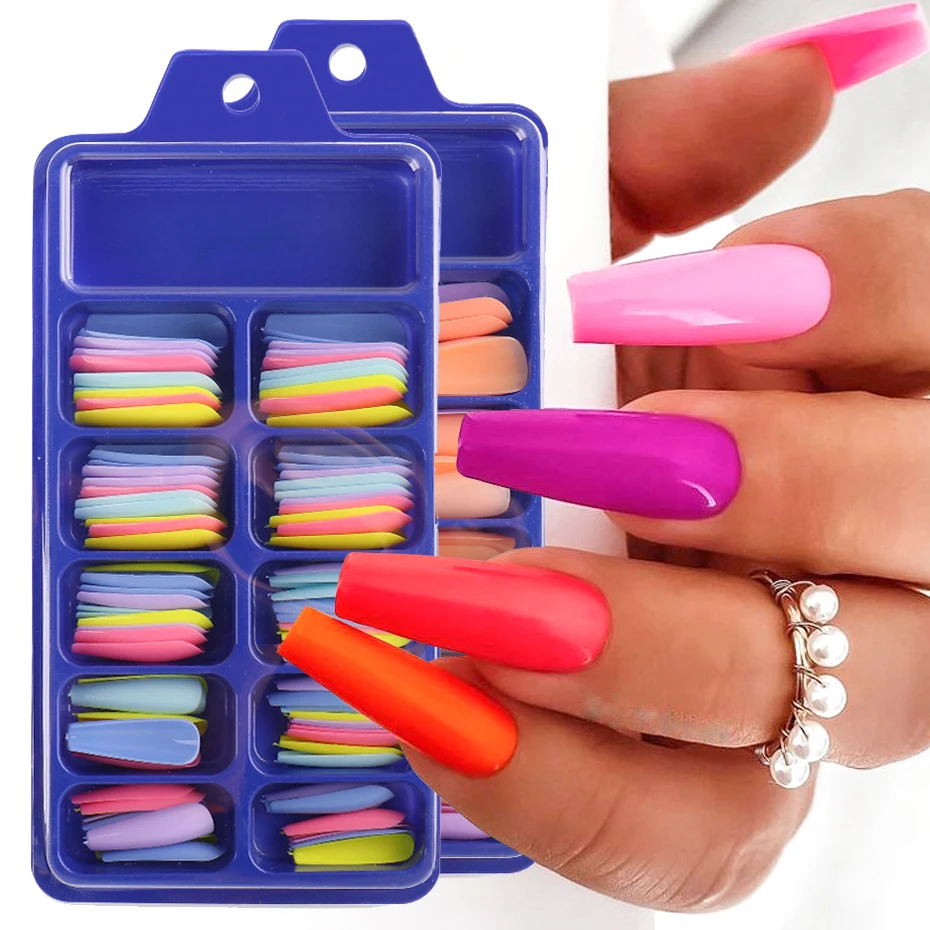 100pcs Coffin Design Fake Nails Art Tools Mix Neon Colors Ballerina