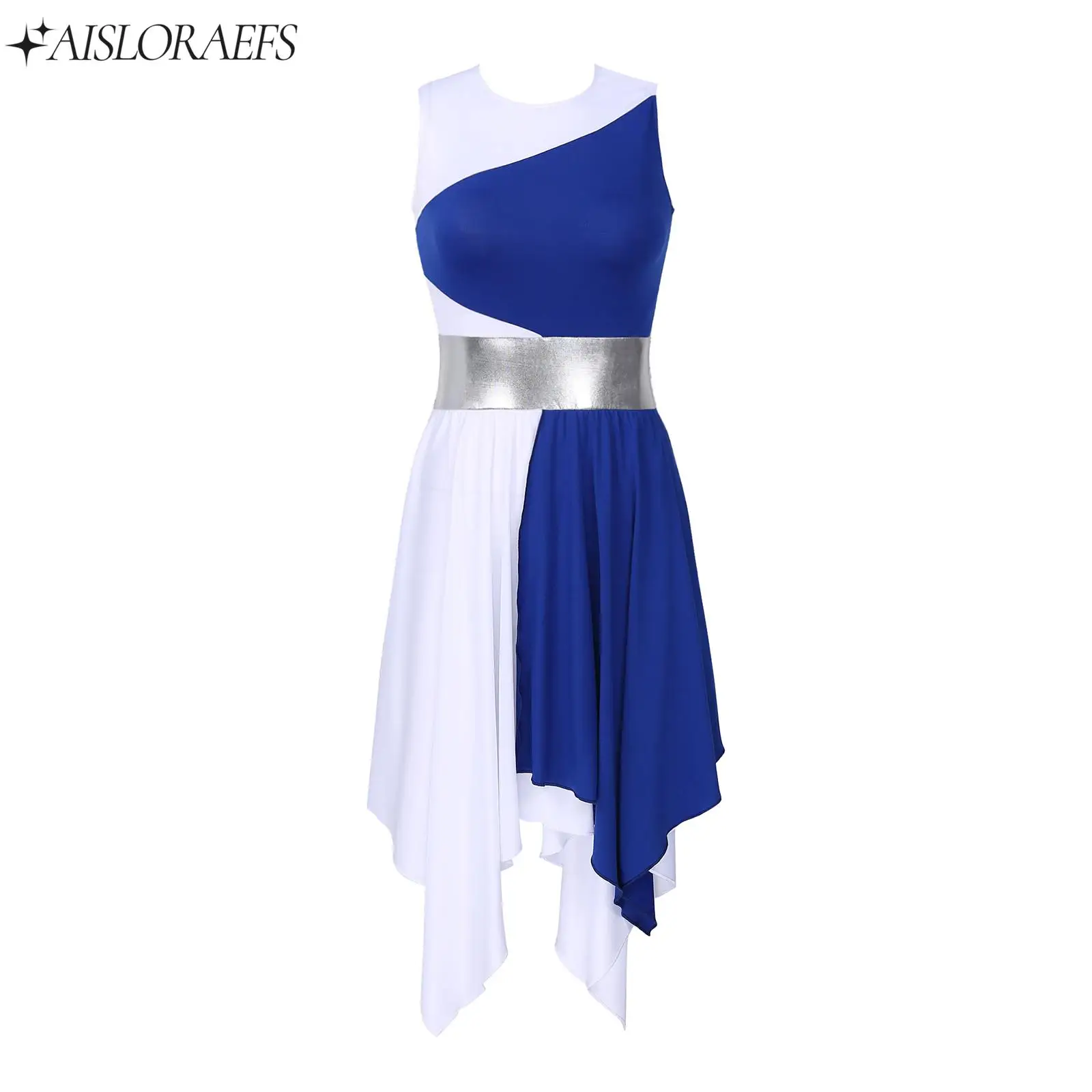 

Women Lyrical Dance Costume Modern Contemporary Ballet Dance Dress Round Neck Asymmetrical Hem Prom Party Performance Dress