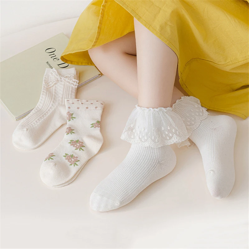 

2023 Children Socks Lace Mesh Frilly Socks for Girls Spring Autumn Korea Retro Cotton Toddler Socks Flowers Bow Student Socks