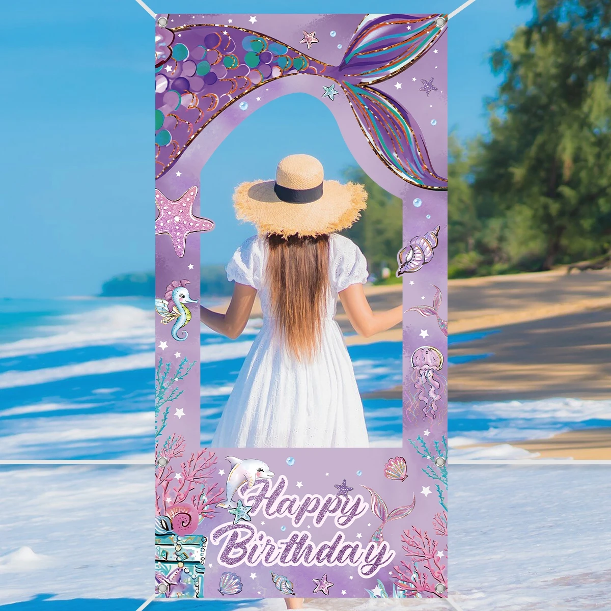 1pc Lila Meerjungfrau Foto Rahmen Hintergrund Geburtstag Party Dekoration Baby Dusche Geburtstag Partei Liefert Polyester Kulissen – Detail 4