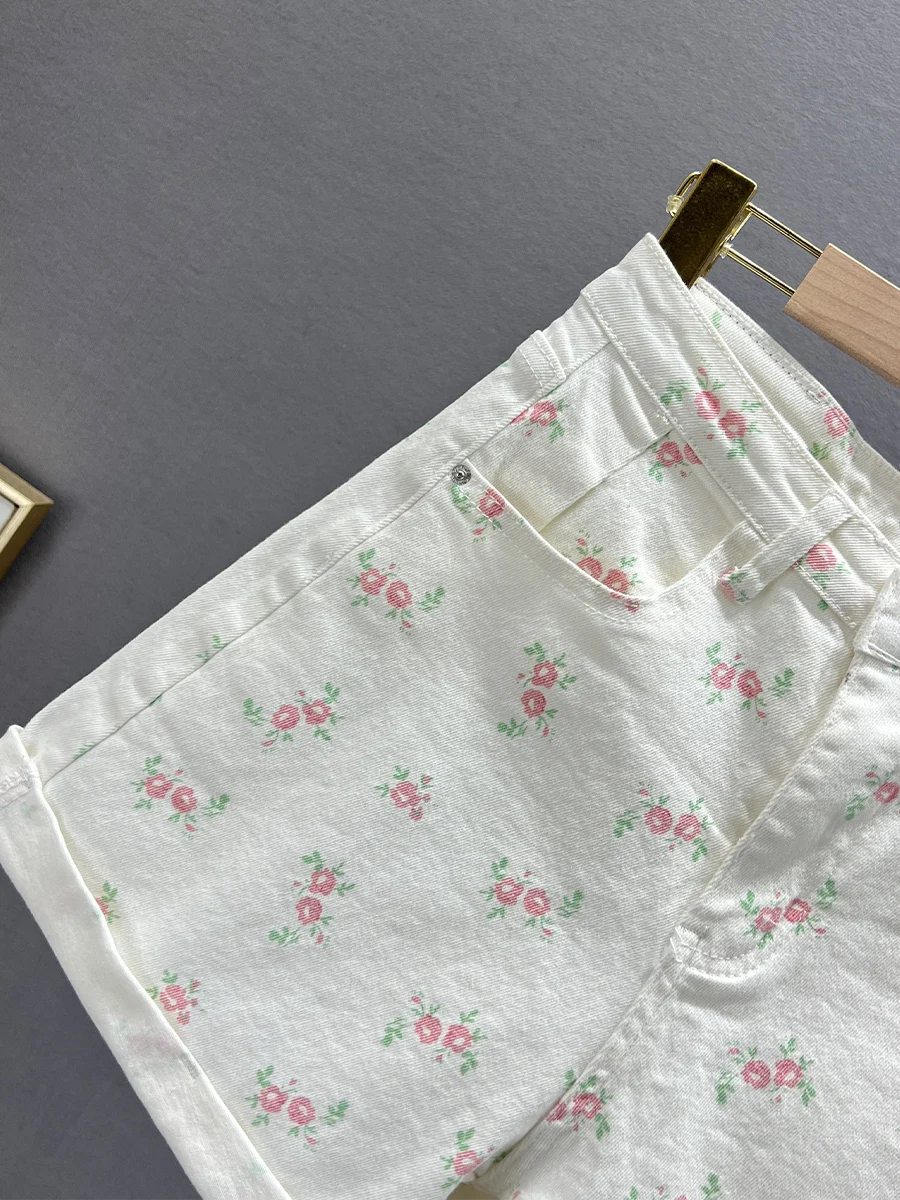 White Color Denim Shorts Women's 2024 New Summer Elastic High Waist Slimming All-Matching Printed A-line Jeans Hot Short Pants