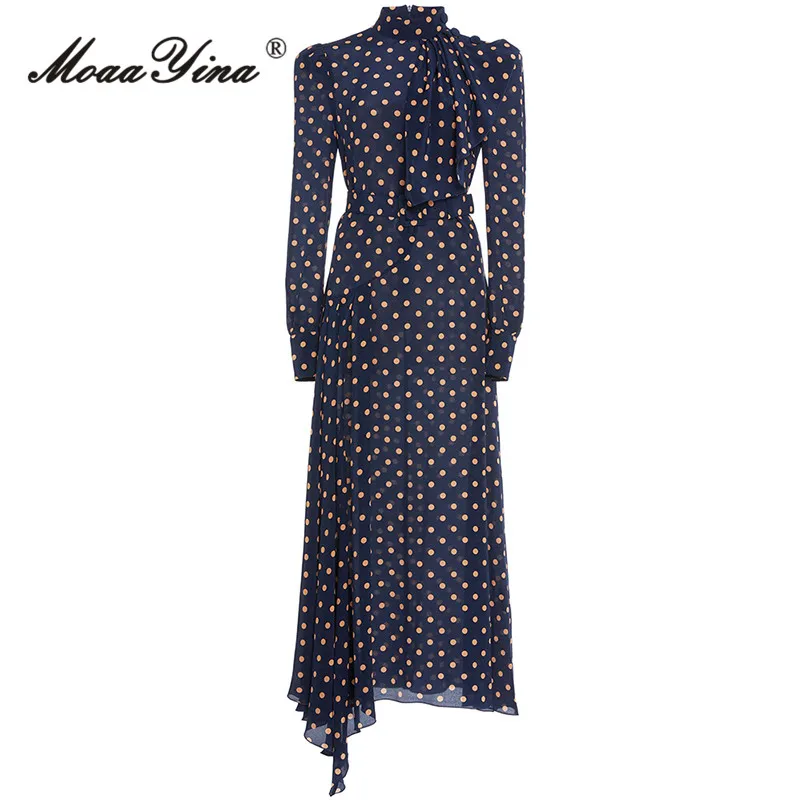 

MoaaYina Autumn Fashion Designer Vintage Polka Dot Print Dress Women Stand Collar Ruffles Sashes Gathered Waist Slim Long Dress