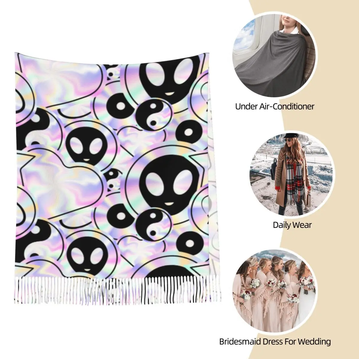 Women Tassel Scarf Psychedelic Style Alien Long Super Soft Shawl and Wrap Trippy Holographic Aliens Daily Wear Pashmina Scarves 3