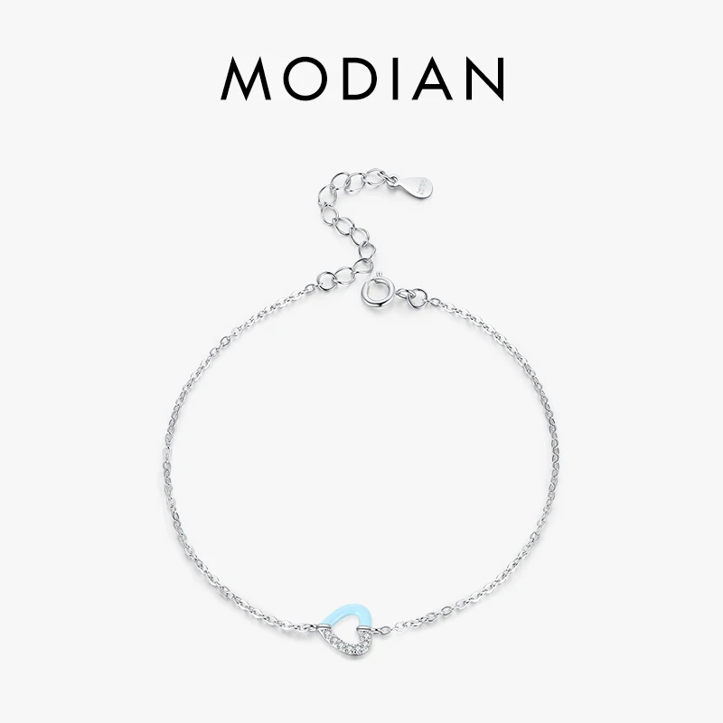 

Modian 925 Sterling Silver Simple Blue Pink Enamel Hearts Link Chain Bracelets Trendy Minimalism Fine Jewelry For Women Gifts