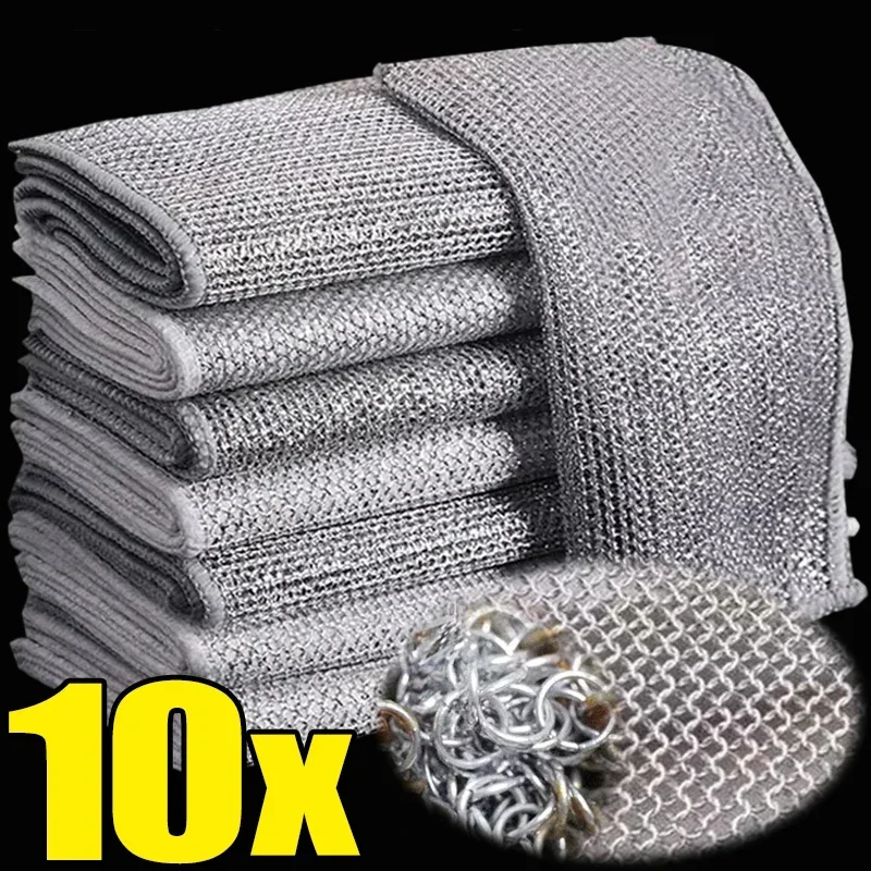 

20cm Steel Wire Dishcloths Double -layer Non -stick Oil Iron Dishrag Kitchen Pan Pot Dishes Cleaning Rag Napery Dishcloth Rags