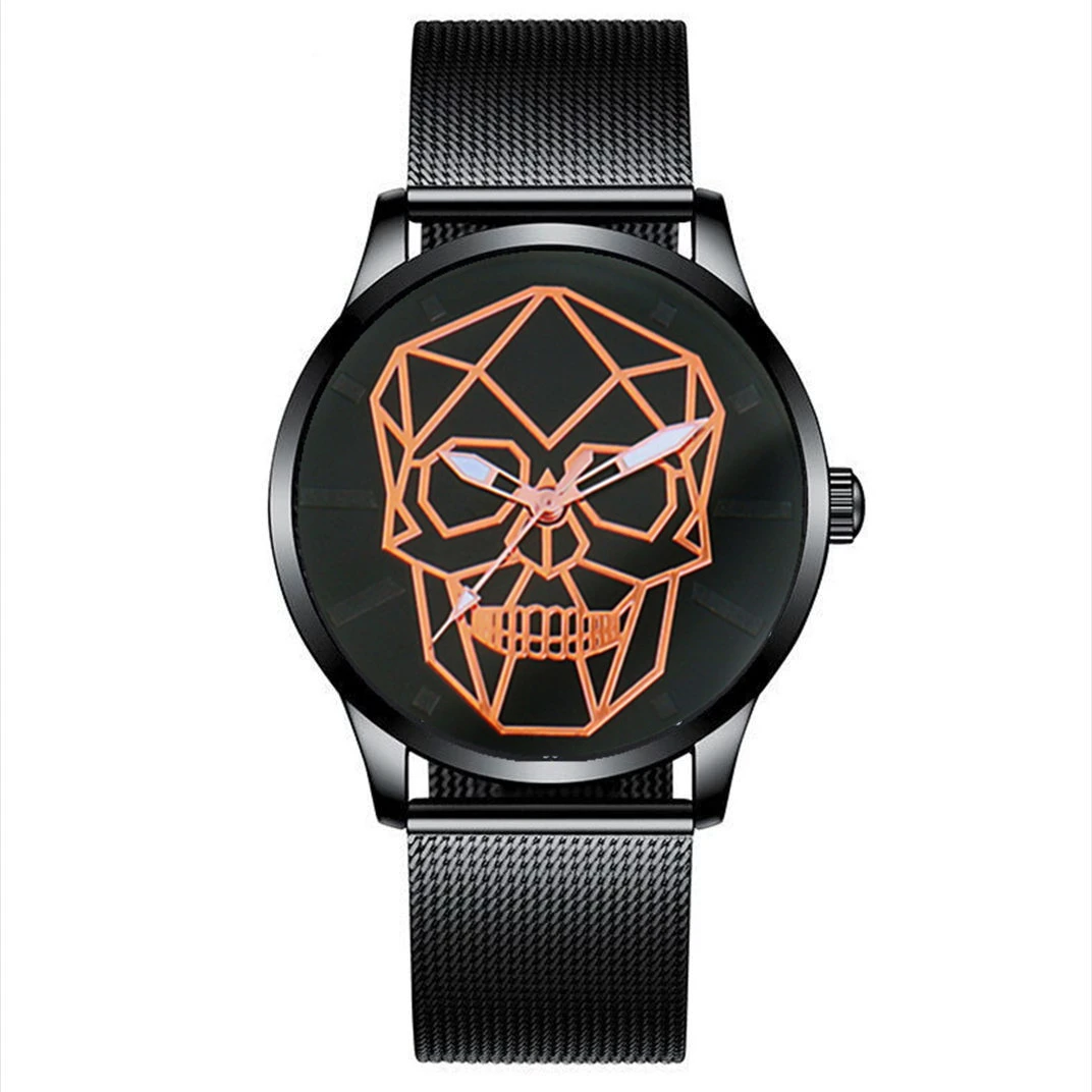 2022 Men Stainless Steel Mesh Watch Fashion Casual Skull Pattern Quartz Watch Analog Male Military Wristwatch Relogio Masculino