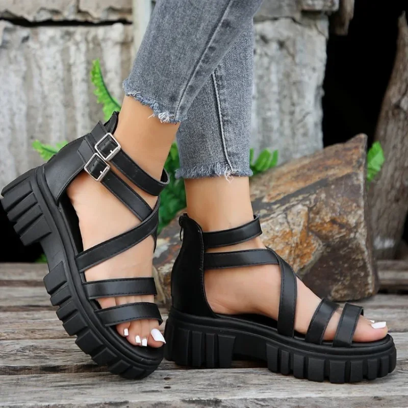 thumbnail image 2 of High Top Sandals For Women Women's Buckle Strap Block Heel Sandals Beads Fish Mouth High... Roman Sandals For Women 2 of 14