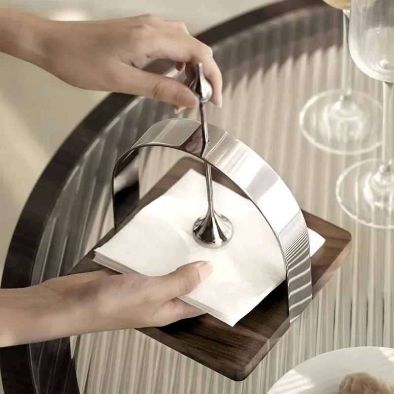 Stainless Steel Tissue Holder Walnut Wood Vertical Square Metal Tissue Holder Western Restaurant Specific Napkin Holder