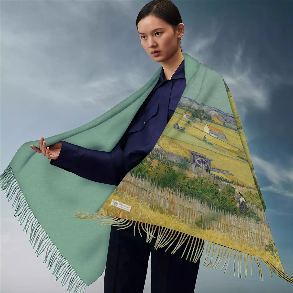 

Oversized Art Scarf Tassel Cashmere Shawl Winter Clothing Oil Painting Elegant Wrap Women's Casual Windproof Shawl Gift