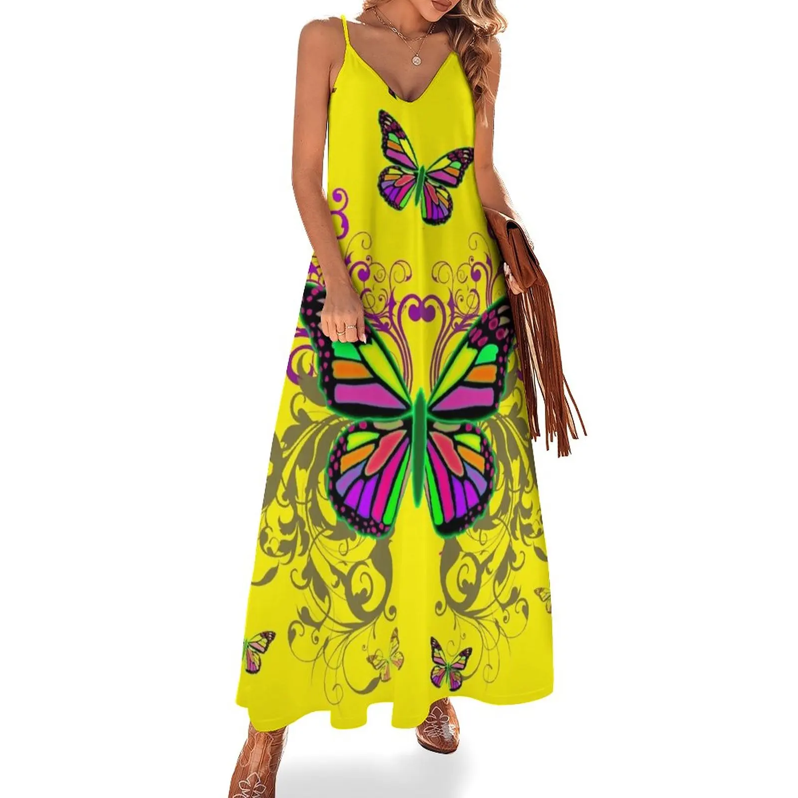 

New Bright Colorful Butterflies with Floral Swirls Sleeveless Dress Woman fashion Long dress evening dress women birthday dress