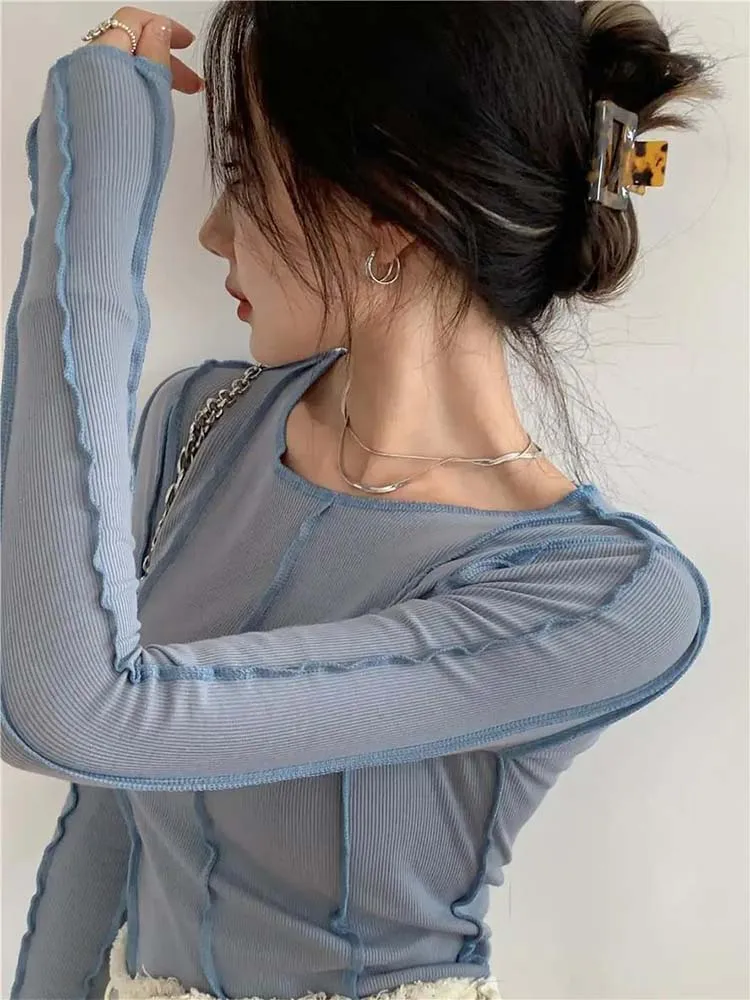 Long Sleeve T-shirts Women Spring Solid O-Neck Elegant Bright Line Decoration Slim Casual Soft High Quality Ladies Clothing Tees - Image 3