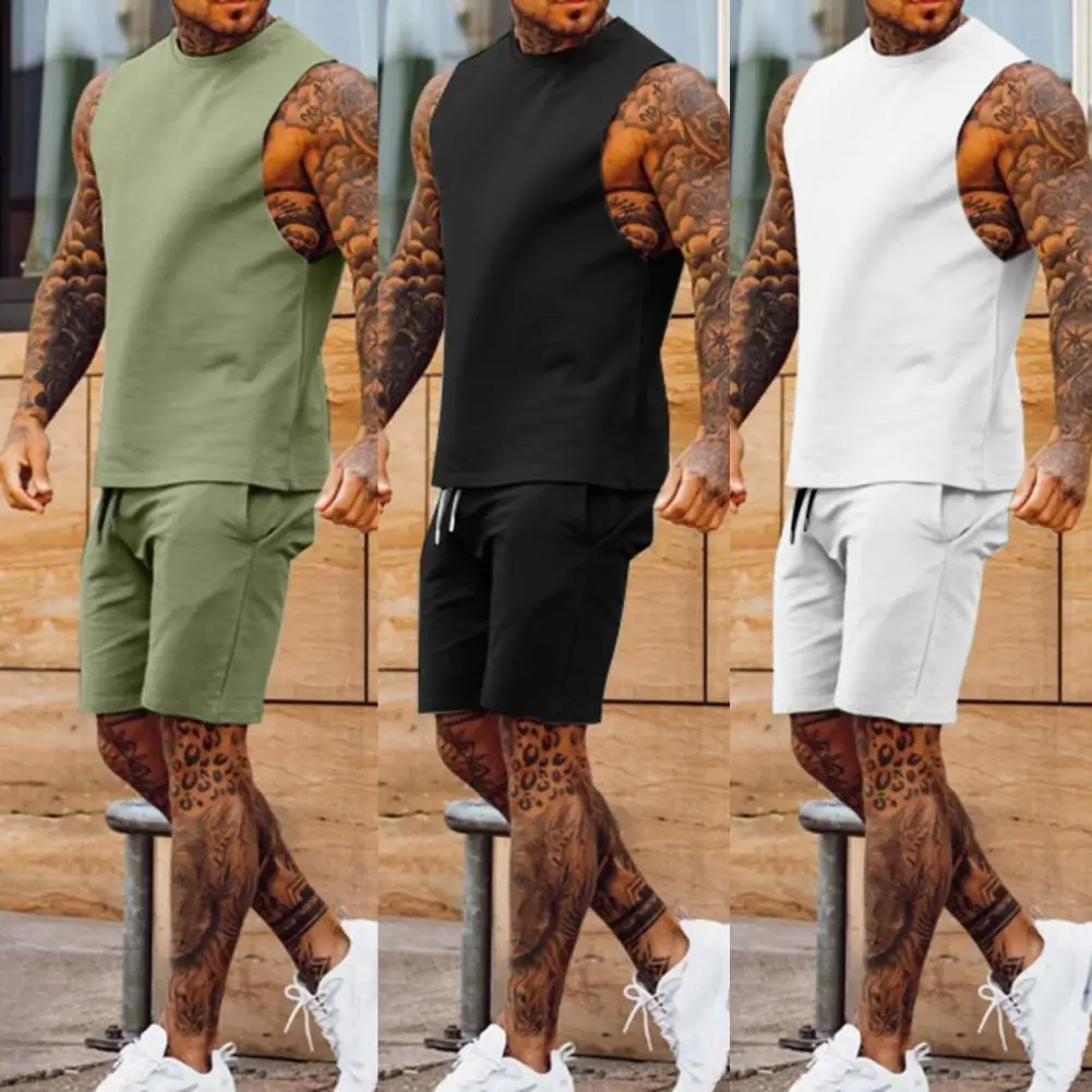 Men’s Tracksuit Set Sleeveless Tank Tops Shorts Pants Set Wearing Casual Style Fitness Men Sportswear Set for Running Sports