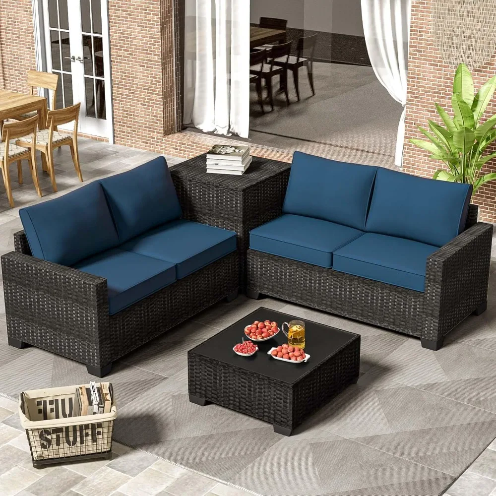 Premium Outdoor Patio Furniture Set with Storage & Glass Table, Patio Conversation Sets with Thick Cushions, 4 Piece Rattan