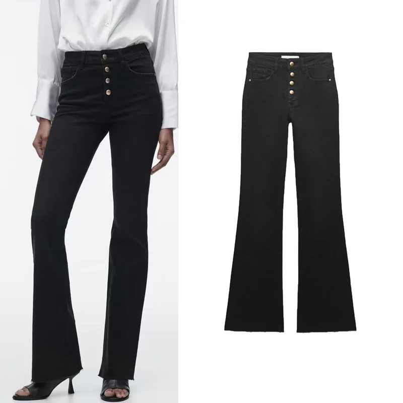 

Spring New Black-breasted Design All-match High-waist Slim-fit Washed Raw-edged Denim Flared Pants For Women