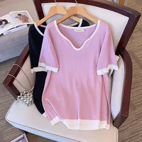 170Kg Plus Size Women's Bust 160 Summer Loose Ice Silk Knitted Top Short Sleeve V-Neck T-shirt 4XL 5XL 6XL 7XL 8XL 9XL
