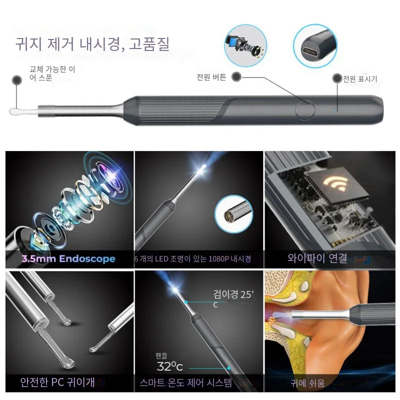 NATFIRE NP20 스마트 귀 클리너 검이경 귀 왁스 제거 도구, 카메라 포함, 귀 내시경 1080P 키트, 아이폰 아이패드 안드로이드용