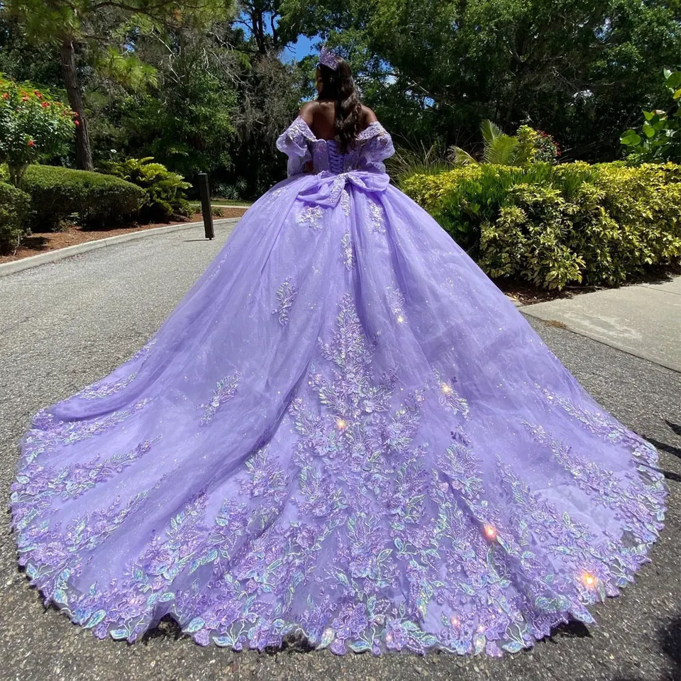 fitted lace wedding dress Elegant Ball Gown Off Shoulder Long Sleeves Lace Appliques Lavender Tulle Princess Gown Quinceanera Dress for Sweet 16 Evening Dress