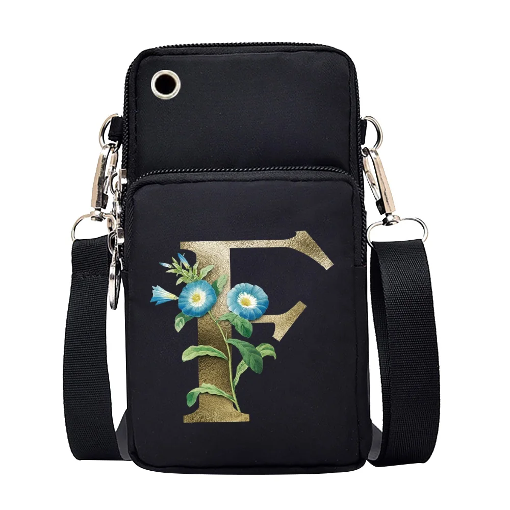 Unisex Mobile Phone Case Bags for Huawei Xiaomi iPhone Shoulder Satchels Women Pouch Golden-flower 26 Letters Series Wrist Pack