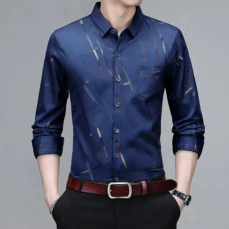 Men Autumn Long-sleeved Striped Twill Shirt Youth Business Suit Sweater