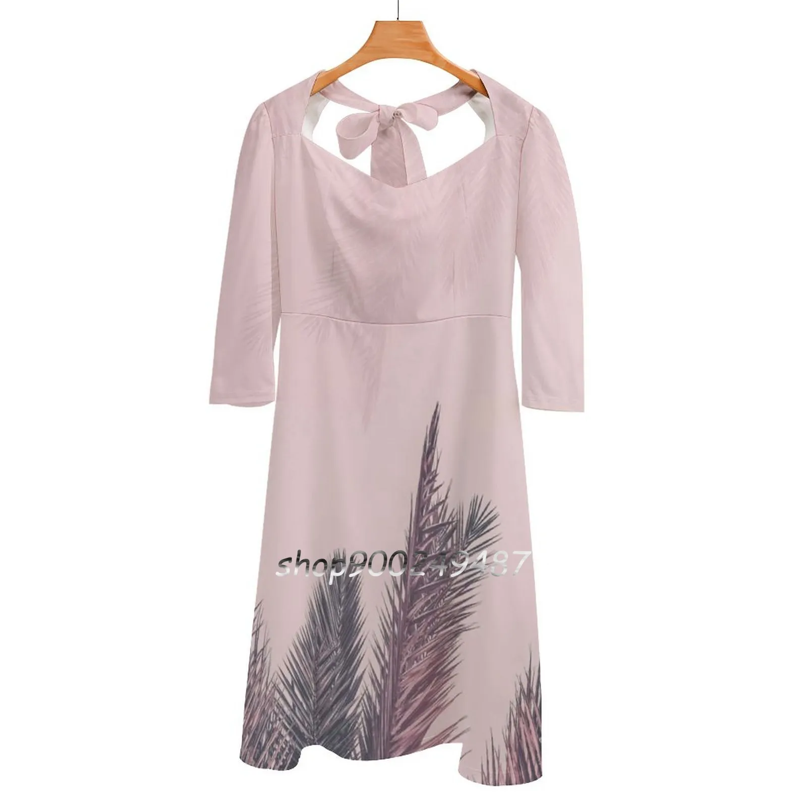 

Pretty In Pink Tropical Palm Leaves Sweet Elegant Dress Women Korean Kawaii Square Collar Dress Pink Leaf Tropical Exotic