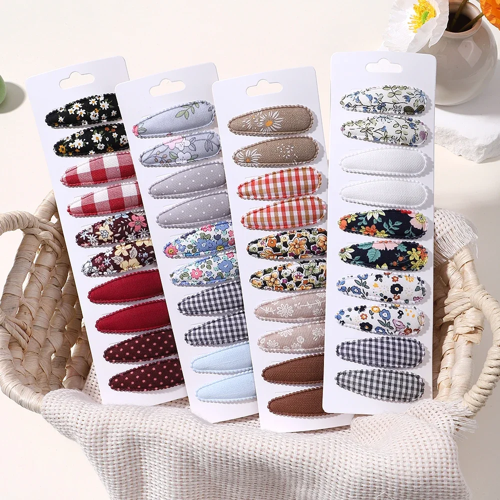 

10pcs/lot Sweet Kids Hair Clip Printed Cotton BB Hair Pins Set Spring Summer Color Hairgripes for Girl Dress Up Head Clips