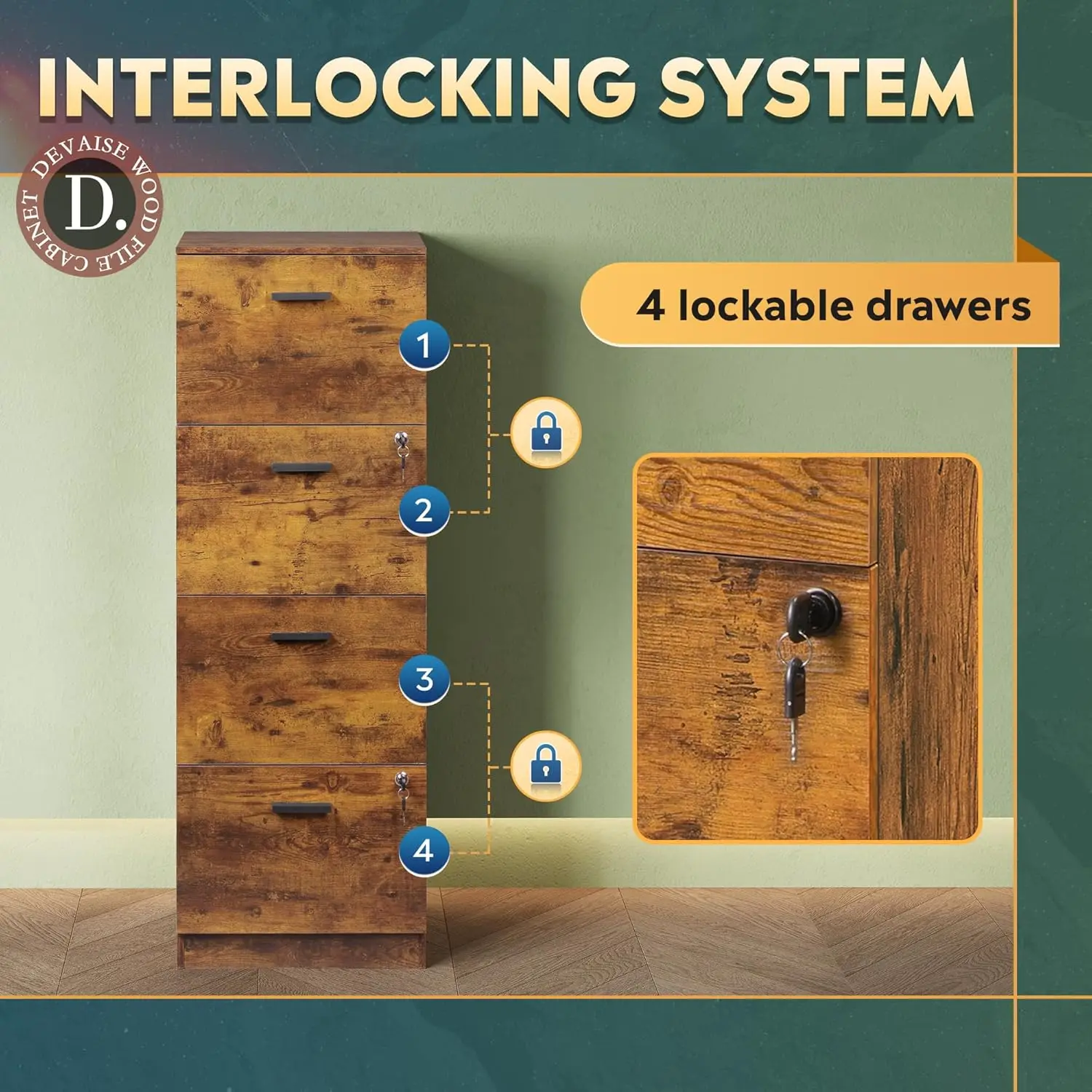 4 Drawer File Cabinet with Lock, Vertical Filing Cabinet for A4/Letter Size Files, Wood Storage Cabinet for Home Office