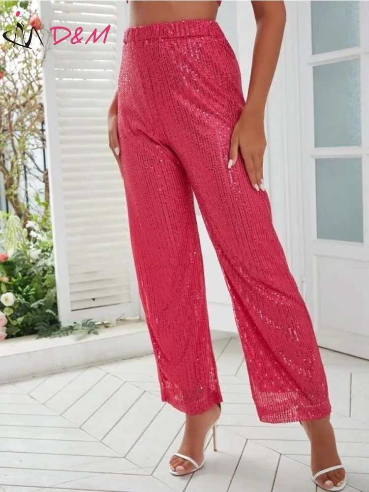 D&M Brand Women's Pants Pink Red Sequin High Waist Straight Pantalones De Mujer Luxury Elegant Y2k Pants Ropa Para Mujer