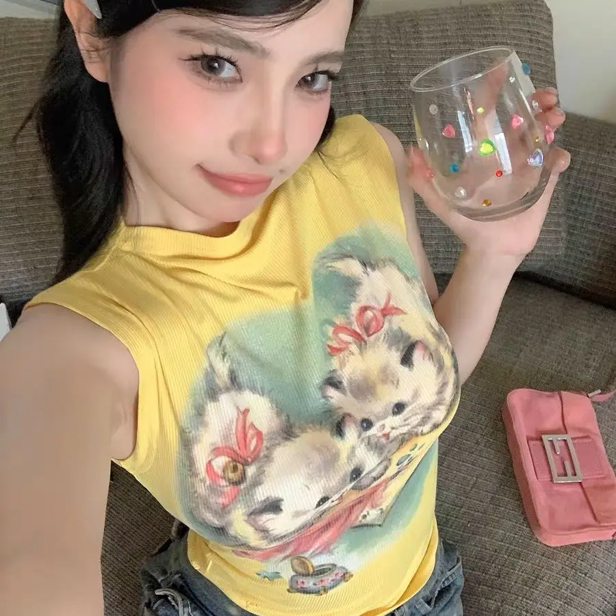 

Spicy Girl Cute Cat Printed T-shirt Women's 2023 Summer Harajuku Y2k Half High Collar Crop Top Fashion Sweet Retro T-shirt Women