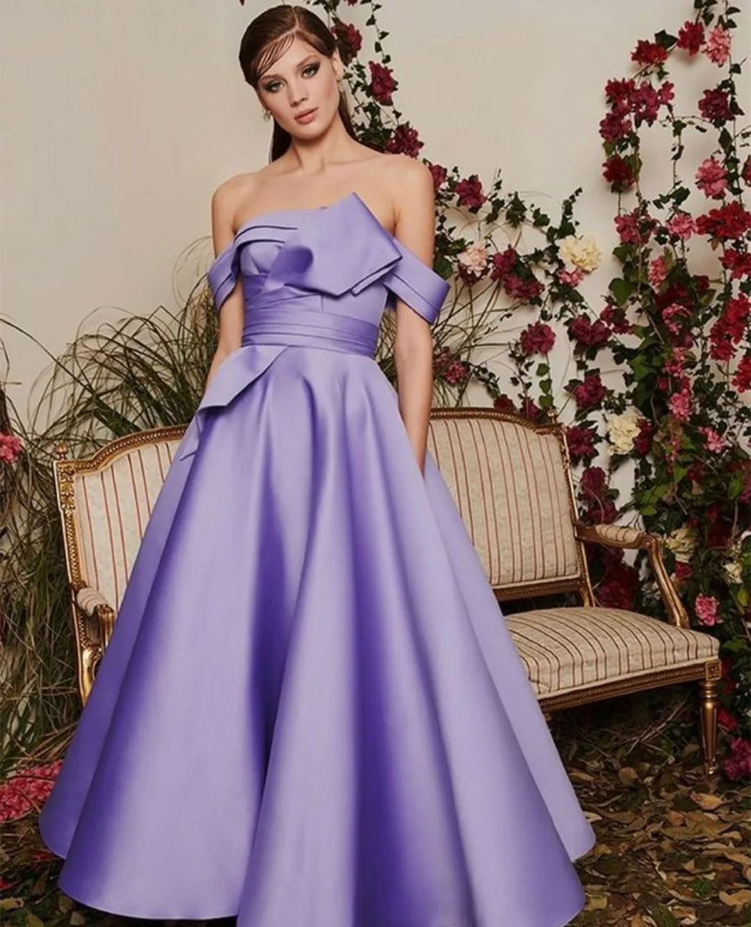 

Classic Long Satin Off Shoulder Pleated Evening Dresses With Pockets A-Line Tea Length Prom Dress فساتين السهرة for Women