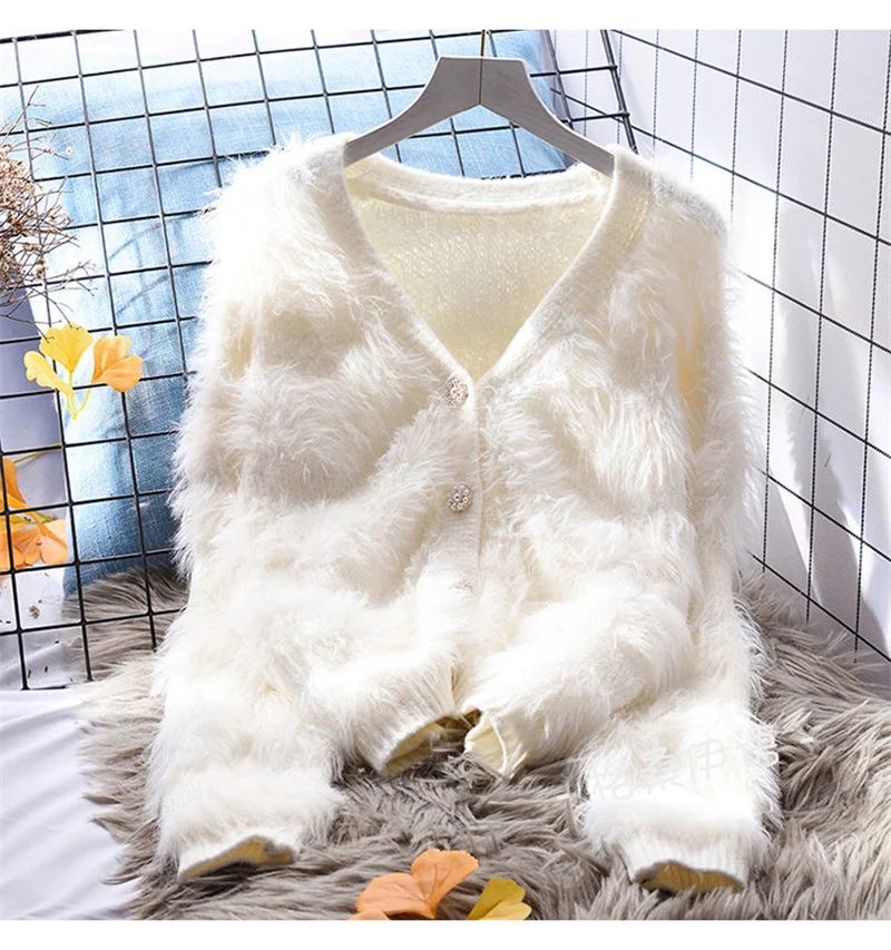 Fashionn Imitation Knit Coat Women's Outerwear Knit Jacket White Short Sweater Cardigan Women's Loose And Lazy Autumn New Korean
