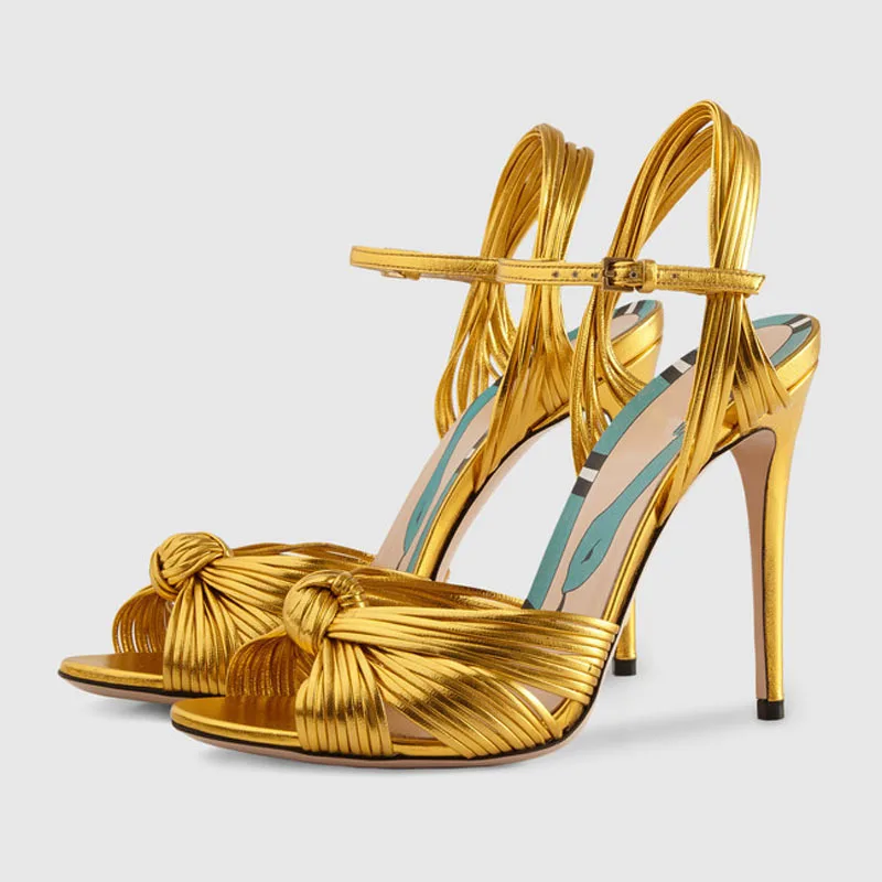 Summer New Show High Heel Sandals with Gold Braided Ribbon Wedding Banquet Thin Heel Large Fish Mouth Women's Shoes