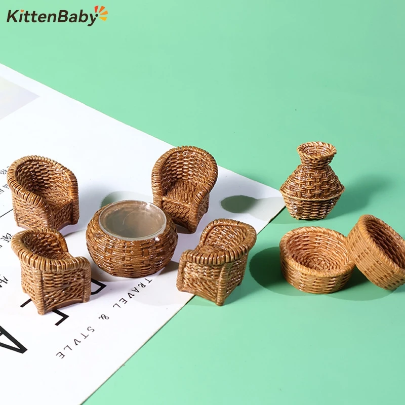 1Set Dollhouse Miniature Simulation Fish Basket Basket Chair Table Furniture Model For Doll House Accessories Decoration Toy