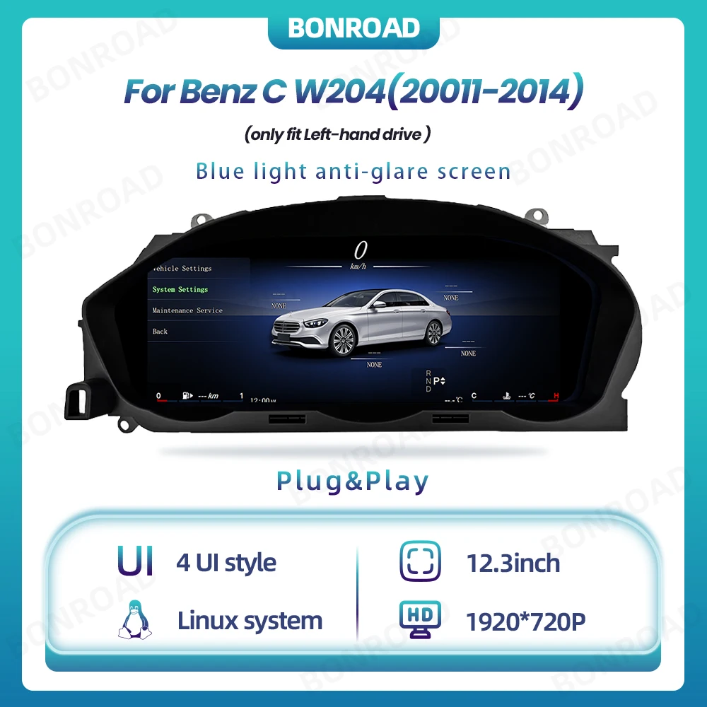 Bonroad 12,3 ''1920*720P Linux LCD tablero Digital grupo de instrumentos de coche para Benz Clase C W204 NTG4.5 2011-2014 semanas velocímetro pantalla Panel de cabina apto para conducción a la izquierda 1