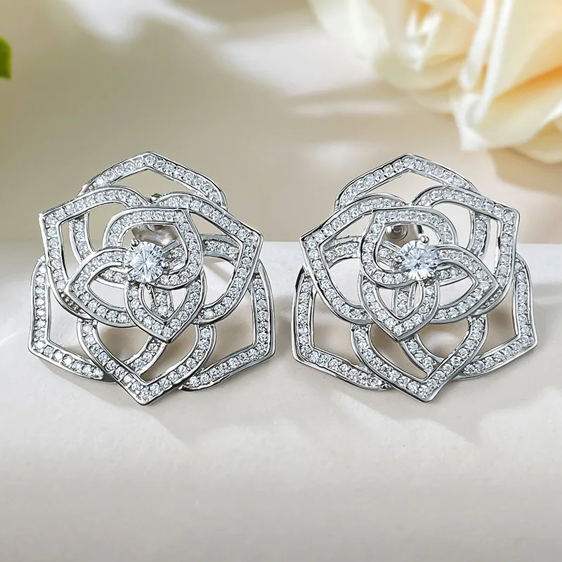 

Spring Qiaoer 100% 925 Sterling Silver Rose Flower Lab Sapphire Gemstone Ear Studs Earrings for Women Fine Jewelry