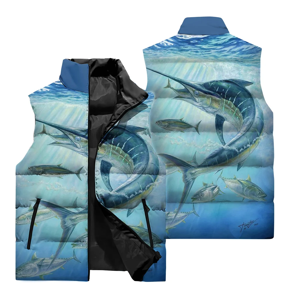 thumbnail image 1 of Chaleco sin mangas con estampado de pesca en 3D para deportes al aire libre, pesca salvaje, resistente al viento, cálido, con cuello alto y cremallera, ropa para hombre, 1 of 4