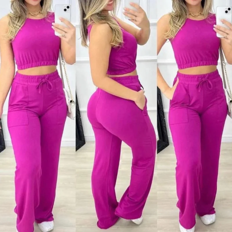 

Elegant Women Chic Two Piece Set Casual Sleeveless Solid Round Neck Crop Tank Top & Wide Leg Pants Set High Streetwear