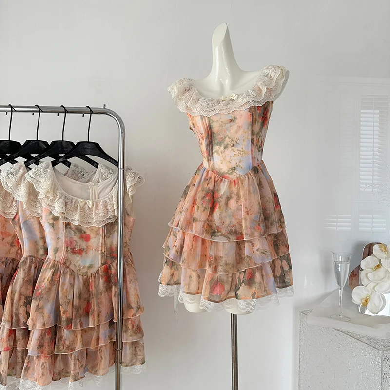 

Женское винтажное платье миди с коротким рукавом, милое платье с цветочным принтом и оборками, лето 2024