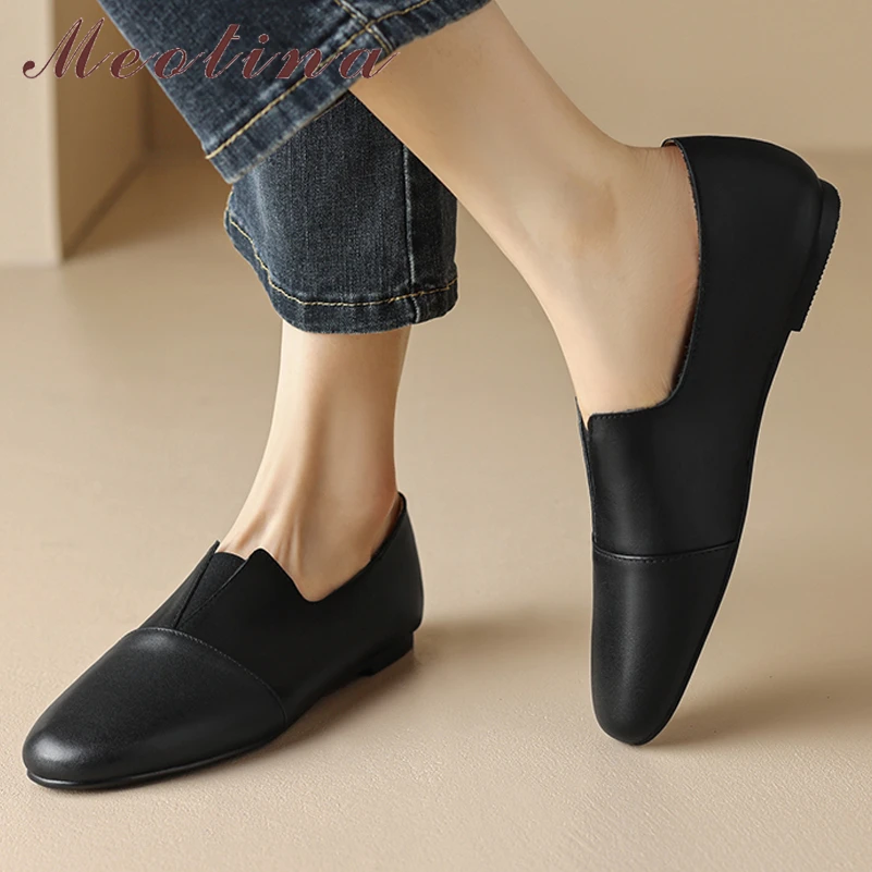 

Meotina Women Genuine Leather Flats Round Toe Concise Design Brand Lady Fashion Casual Shoes Spring Autumn Beige Khaki Black 40