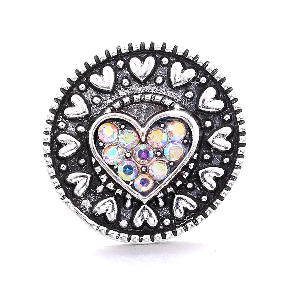 20pcs Vintage Heart Crystal Rhinestone Metal18mm Snap Buttons Fit Snaps Bracelet Necklace Jewelry