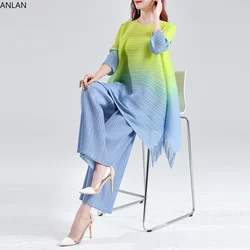 Miyake Pleated Gradient Set O-Neck Three Quarter Sleeve Top and Versatile Trousers Two Piece Sets of Women 2024 Summer New Folds