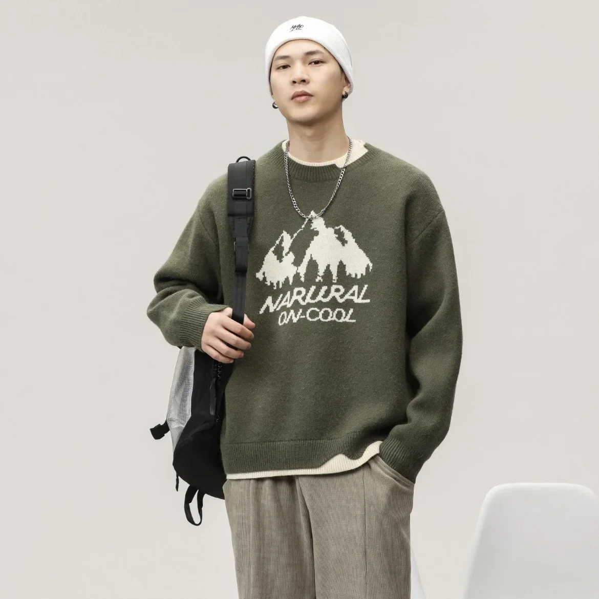 Autumn Nordic Fleece Loose-Fit Round Neck Warm Long Sleeve Thickened Knitted Top Men's Trendy Versatile Grass Green