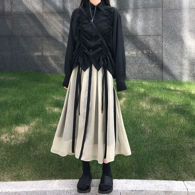 Japanese Style Vintage Striped Skirt Women Summer Fashion Harajuku Elastic Waist Midi Skirt Women Goth Punk A Line Pleated Skirt